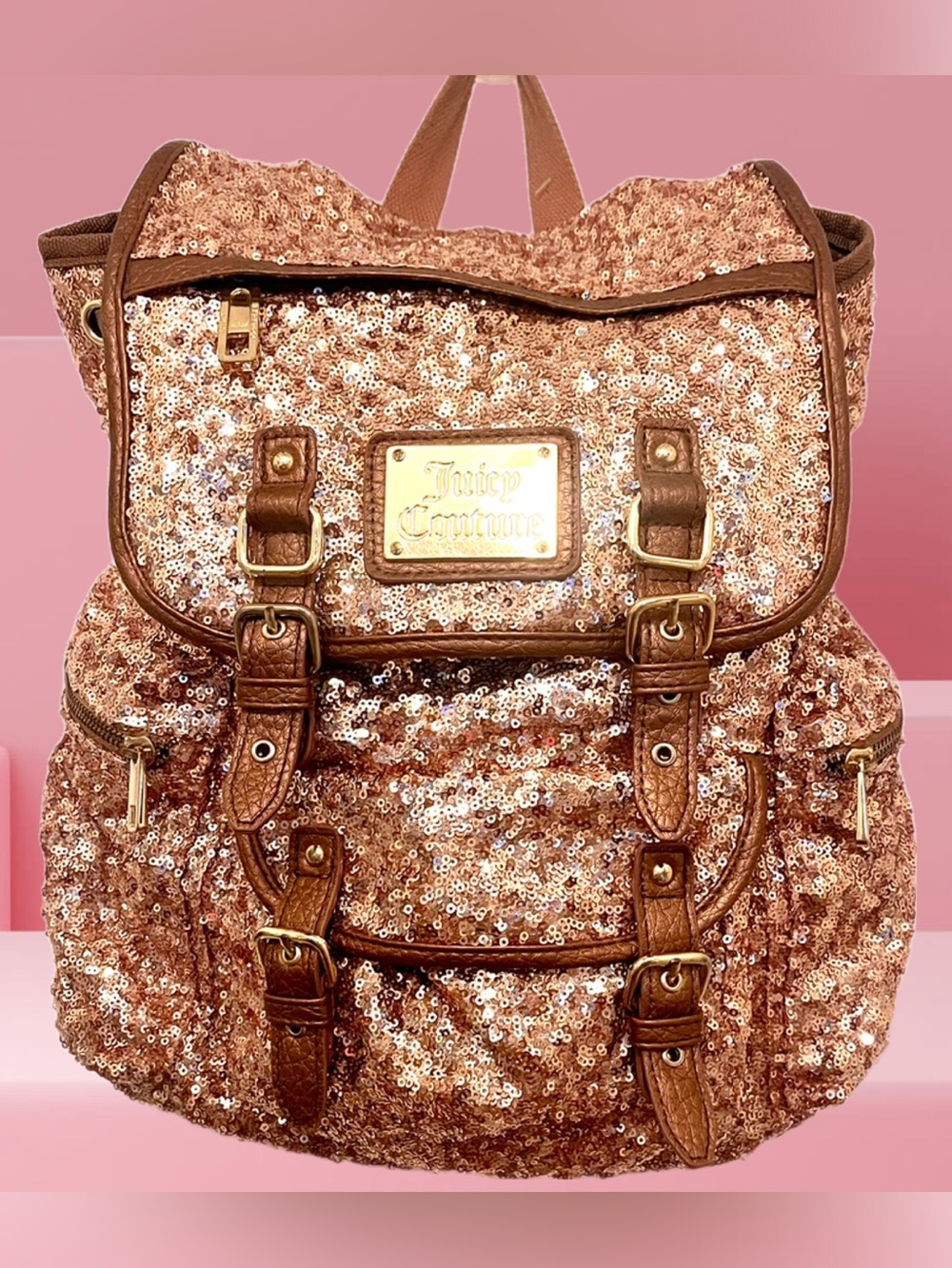 Juicy Couture Rose Gold Sequin Backpack with Brown Trim